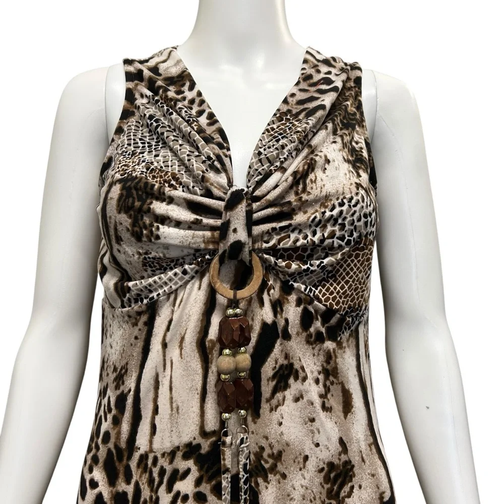 Alison Sheri Brown Animal Print V-Neck Beaded Maxi Dress - Size M - Picture 3 of 6